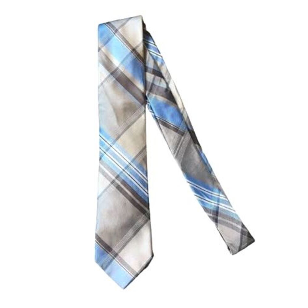 Calvin Klein Men's Blue & Gray Ombre Plaid Tie EUC 100% Silk